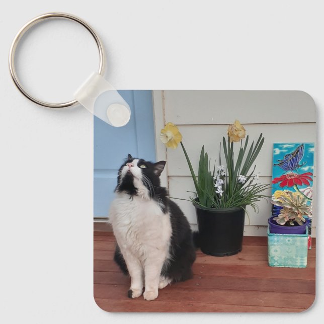Cute Tuxedo Cat Black White Cats Floral Daffodil   Keychain (Front)