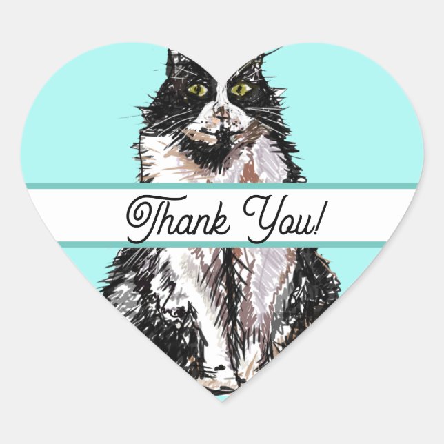 Cute Tuxedo Cat Black White Cats Thank You Heart Sticker (Front)