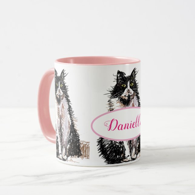 Cute Tuxedo Cat Black White Drawing art Cats Mug (Front Left)