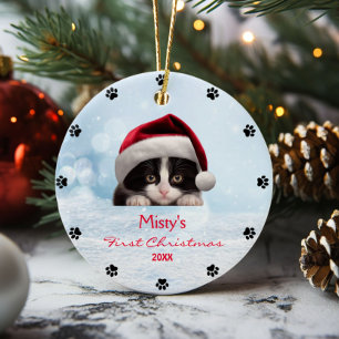 Cute Tuxedo Cat Black WhitePaw Print Personalized  Ceramic Ornament