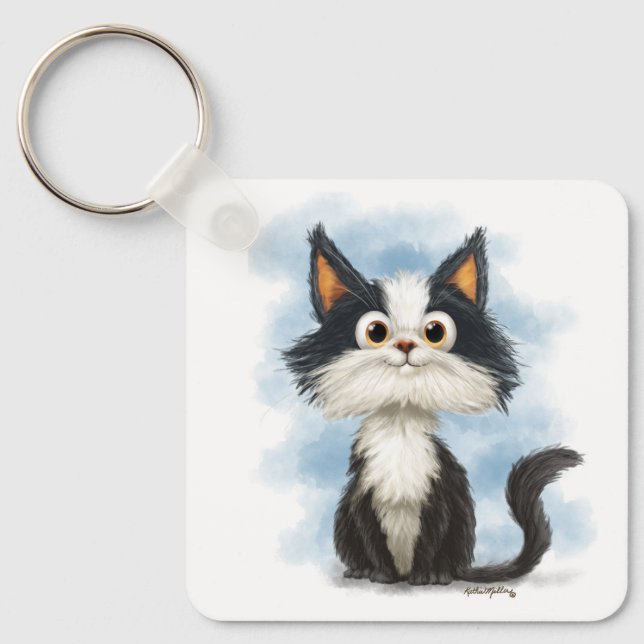 Cute Tuxedo Cat Cartoon Keychain (Front)