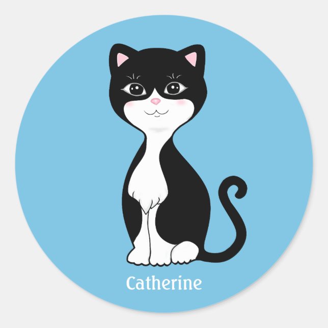 Cute Tuxedo Cat Cartoon on Light Blue Classic Round Sticker (Front)