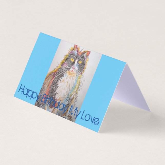 Cute Tuxedo Cat Drawing Love Birthday Card (Front)