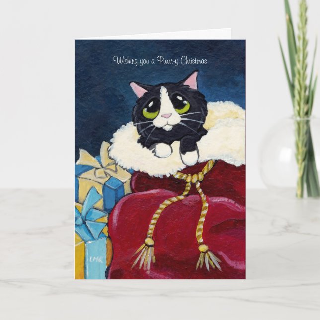 Cute Tuxedo Cat in Santa's Sack Christmas Card (Front)
