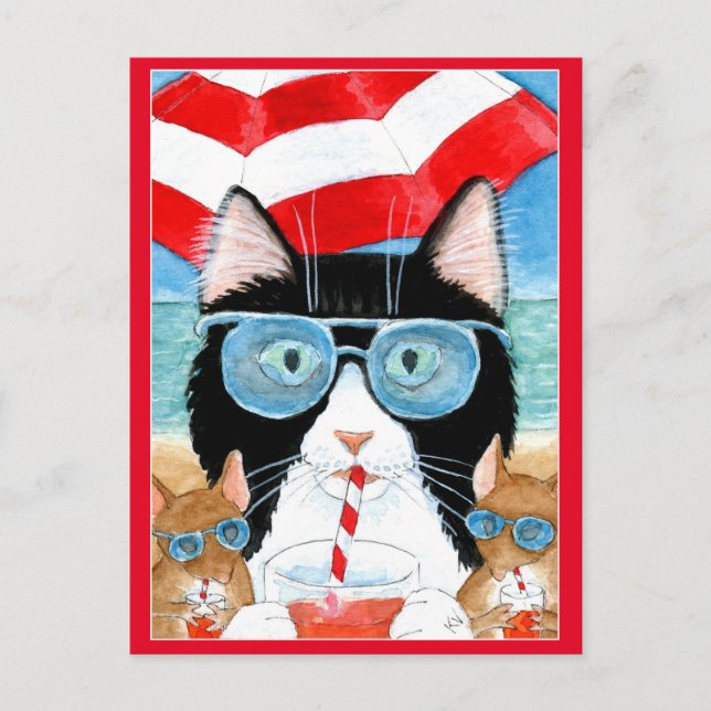 Cute Tuxedo Cat Mouse beach summer vacation Postcard (Front)