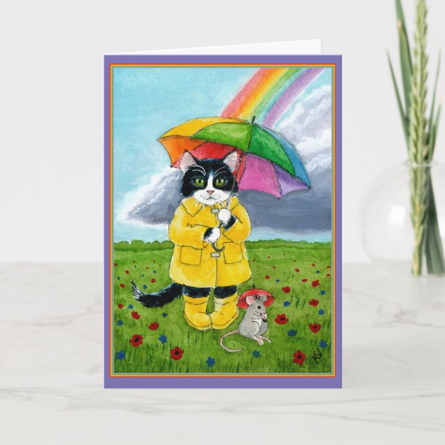 Cute tuxedo cat, mouse, rainbow umbrella birthday card (Front)