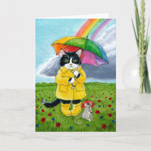 Cute tuxedo cat, mouse, rainbow umbrella card