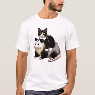 Cute Tuxedo Cat On A Opossum T-Shirt
