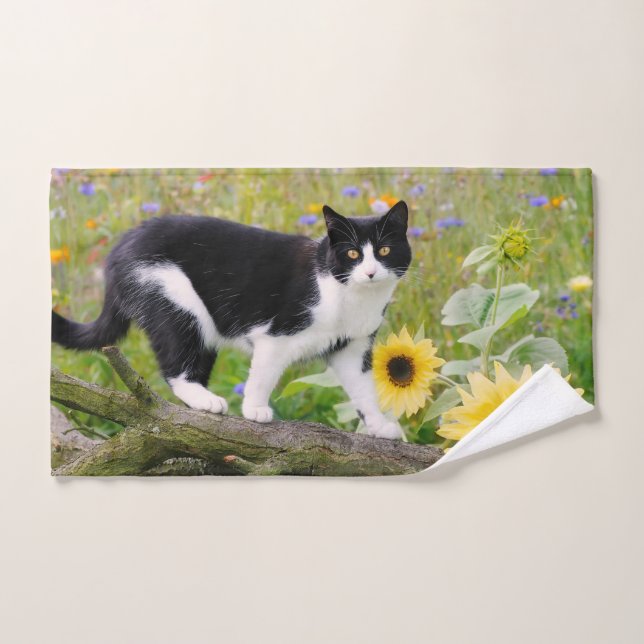 Cute tuxedo cat on a tree branch with sunflowers - bath towel set (Hand Towel)