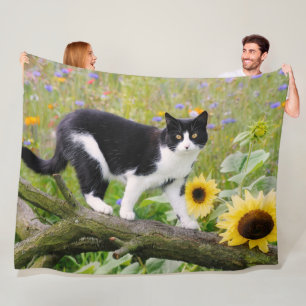 Cute tuxedo cat on a tree branch with sunflowers _ fleece blanket