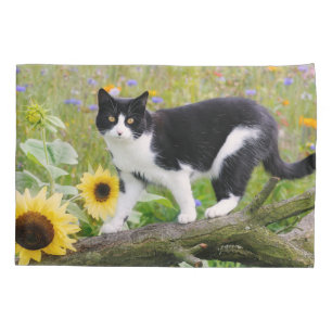 Cute tuxedo cat on a tree branch with sunflowers - pillowcase