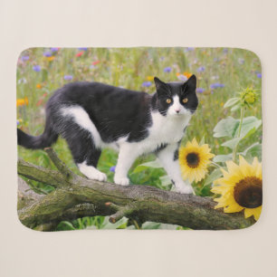 Cute tuxedo cat on a tree branch with sunflowers - sherpa blanket