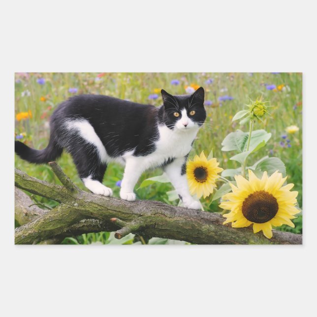 Cute tuxedo cat on a tree branch with sunflowers - sticker (Front)