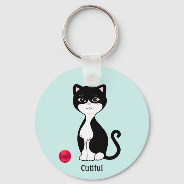 Cute Tuxedo Cat on Light Blue Keychain (Front)