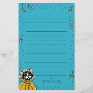 Cute Tuxedo Cat & Raining Mice Lined Personalized Stationery