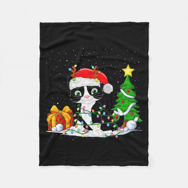 Cute Tuxedo Cat Santa Christmas Tree Lights Xmas T Fleece Blanket (Front)