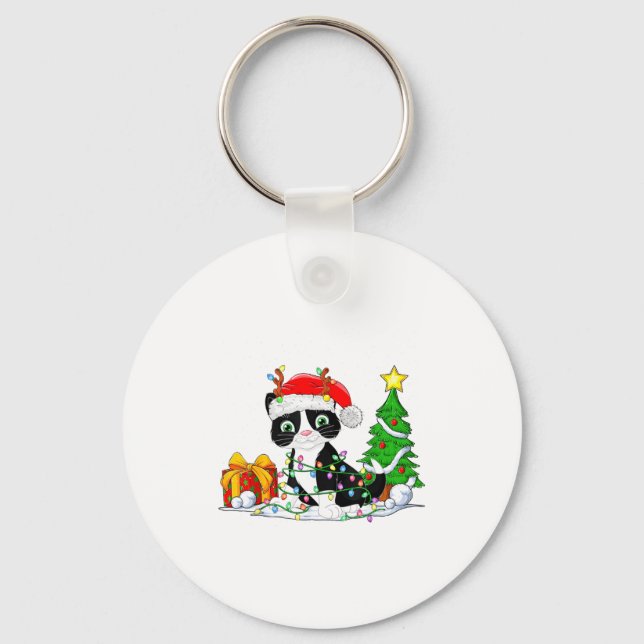 Cute Tuxedo Cat Santa Christmas Tree Lights Xmas T Keychain (Front)