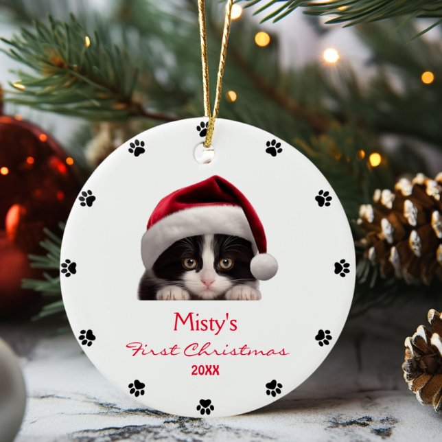 Cute Tuxedo Cat Santa Hat Paw Print Personalized  Ceramic Ornament (Creator Uploaded)