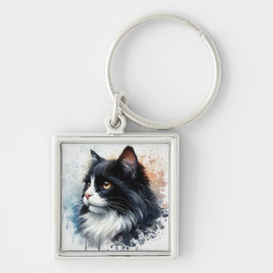 Cute Tuxedo Cat Watercolor Art Keychain