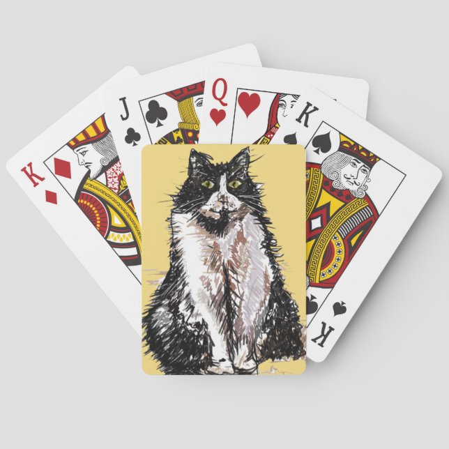 Cute Tuxedo cat Watercolor Playing Cards Set (Back)