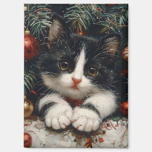 Cute Tuxedo Kitten Christmas Cat Art Magnet