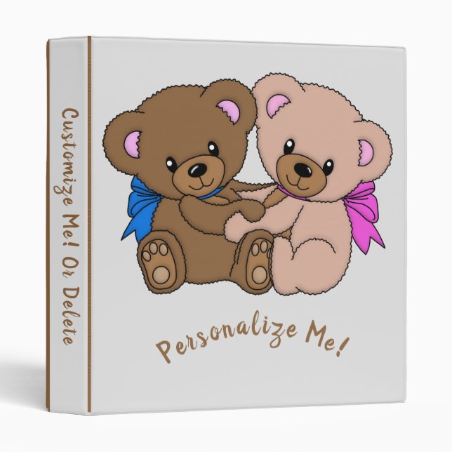 Cute Twin Baby Teddy Bears Personalized Binder (Front/Spine)
