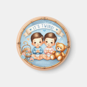 Cute Twin Boys Baby Shower Watercolor Teddy Bear Magnet