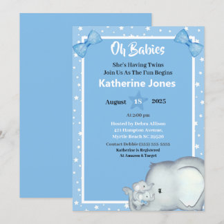 Cute Twin Boys Elephant Baby Shower Invitations