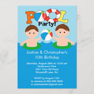 CUTE Twin Boys Pool Party Birthday Invitation