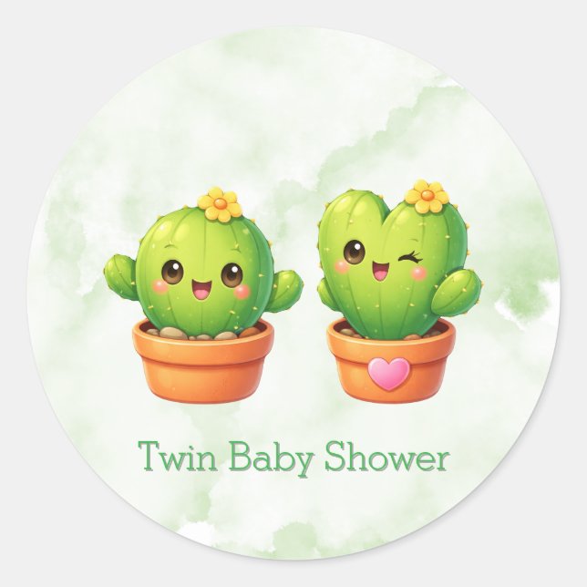 Cute Twin Cactus Baby Shower Classic Round Sticker (Front)