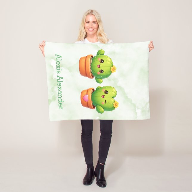 Cute Twin Cactus Baby Shower Gift Fleece Blanket (In Situ)