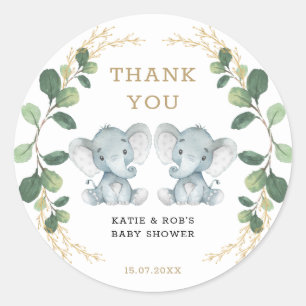 Cute Twin Elephant Babies Greenery Gold Foliage Classic Round Sticker