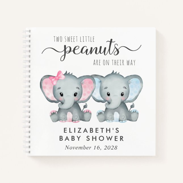Cute Twin Girl Boy Elephant Baby shower livre d'in (Devant)