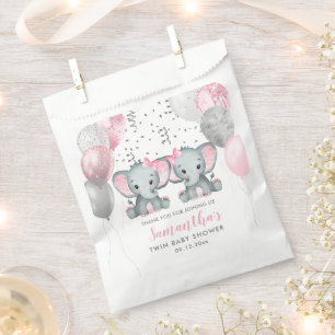 Cute Twin Girl Elephant Pink Balloons Baby Shower Favour Bag