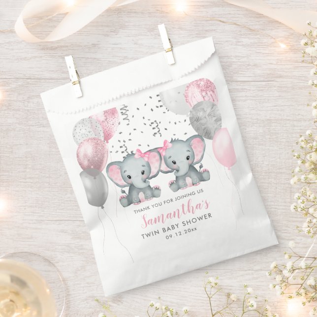 Cute Twin Girl Elephant Pink Balloons Baby Shower Favour Bag (Clipped)