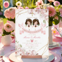 Cute TWIN Girl First Holy Communion Pink Floral
