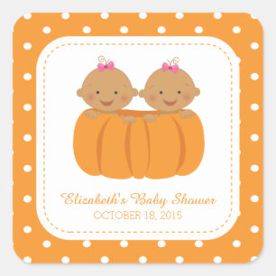 Cute Twin Girl Pumpkin Baby Shower Square Sticker! Sticker