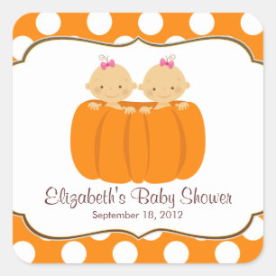 Cute Twin Girl Pumpkin Baby Shower Square Sticker! Sticker