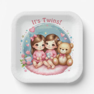 Cute Twin Girl's Baby Shower Watercolor Teddy Bear Paper Plate