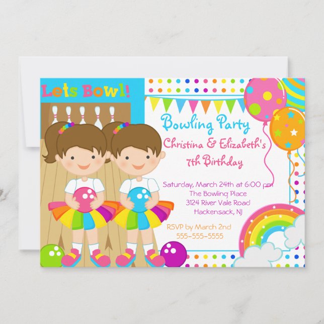 Cute Twin Girls Bowling Birthday Party Invitation (Front)