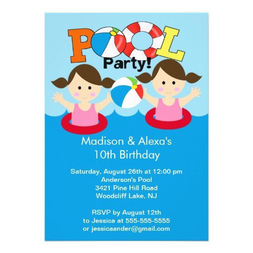 CUTE Twin Girls Pool Party Birthday Invitation | Zazzle