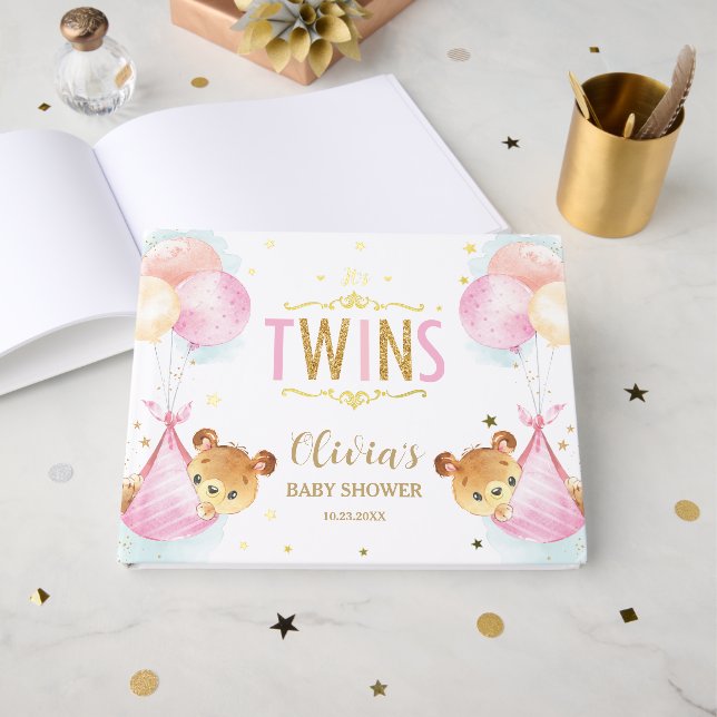 Cute Twin Girls Teddy Bears Twins Baby Shower Guest Book (Front Open)