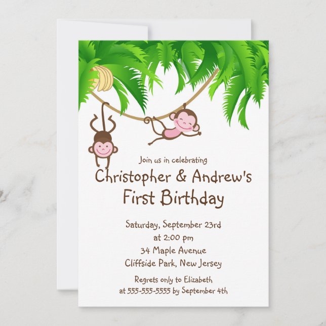 Cute Twin Jungle Monkey Birthday Party Invitations (Front)