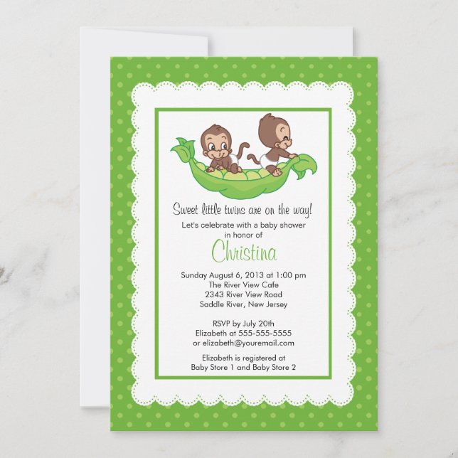 Cute Twin Monkeys Pea Pod Baby Show Invitations (Devant)