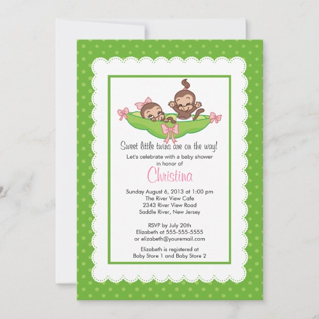 Cute Twin Monkeys Pea Pod Baby Show Invitations (Devant)