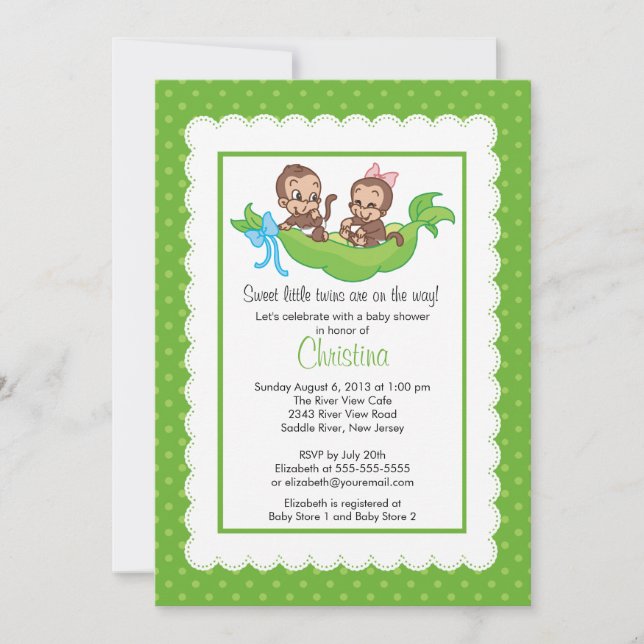 Cute Twin Monkeys Pea Pod Baby Show Invitations (Devant)