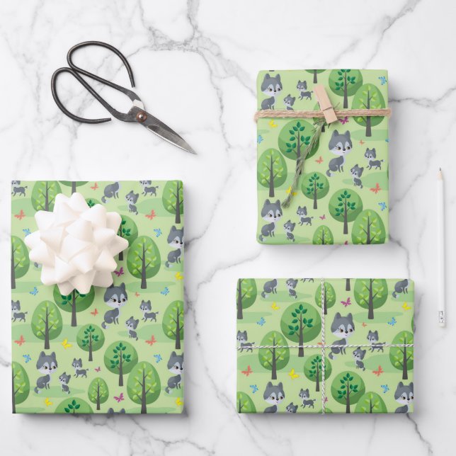 Cute twin wolf babies and Mom tiled pattern  Wrapping Paper Sheet (Front)