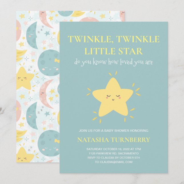 Cute Twinkle Little Star Blue Yellow Baby Shower Invitation (Front/Back)