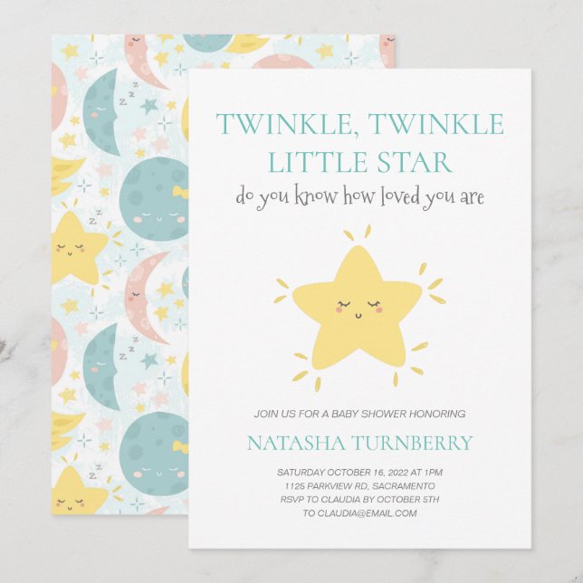 Cute Twinkle Twinkle Little Star Baby Shower Invitation (Front/Back)