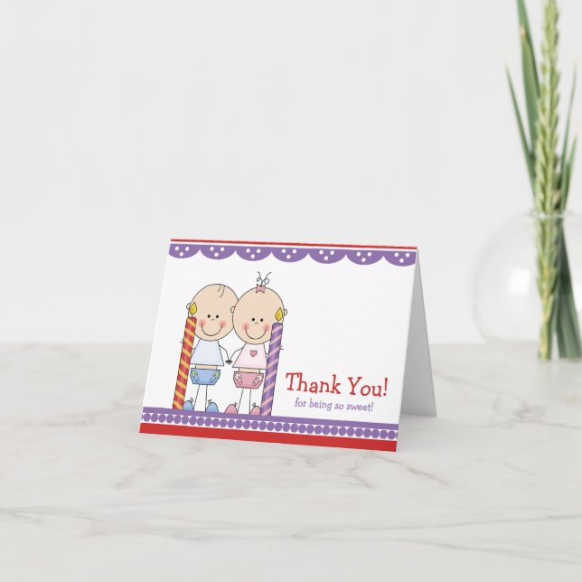 Cute Twins 1er Anniversaire Carte de remerciements (Devant)